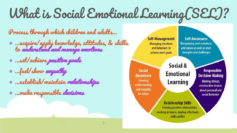 What is Social Emotional Learning(SEL)? Process through which children and adults… ✵ ✵ ✵