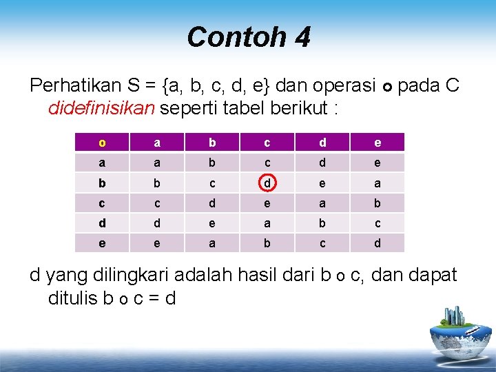 Contoh 4 Perhatikan S = {a, b, c, d, e} dan operasi o pada