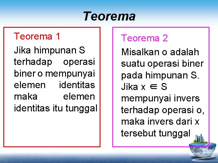 Teorema 1 Jika himpunan S terhadap operasi biner o mempunyai elemen identitas maka elemen