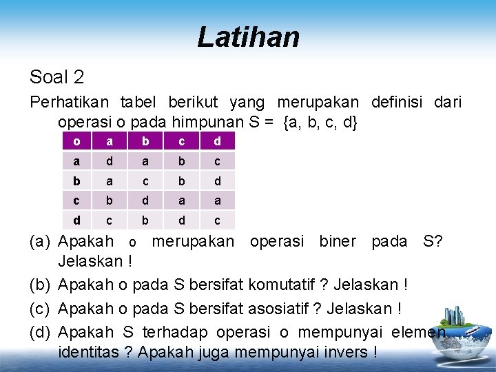 Latihan Soal 2 Perhatikan tabel berikut yang merupakan definisi dari operasi o pada himpunan