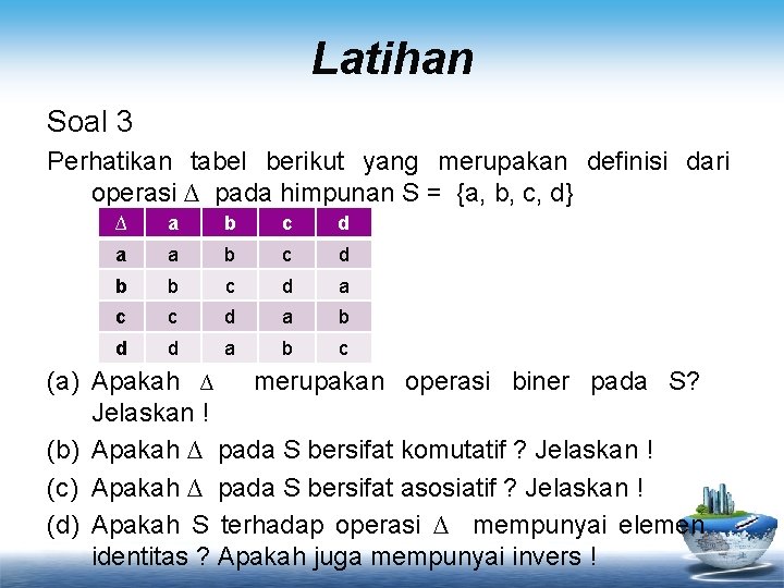 Latihan Soal 3 Perhatikan tabel berikut yang merupakan definisi dari operasi ∆ pada himpunan