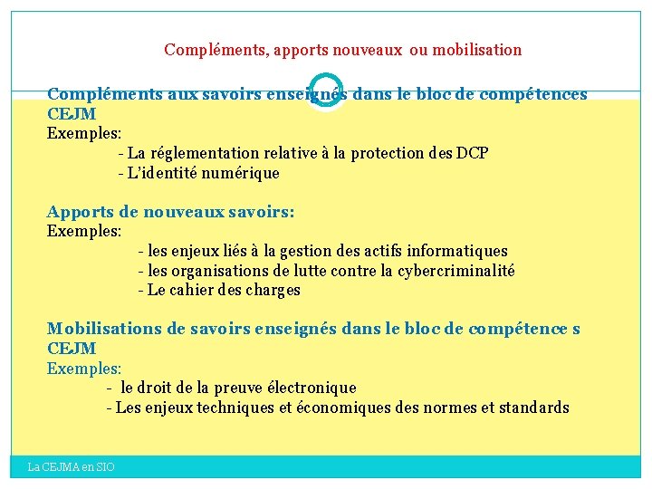 Compléments, apports nouveaux ou mobilisation Compléments aux savoirs enseignés dans le bloc de compétences Compléments, apports nouveaux ou mobilisation Compléments aux savoirs enseignés dans le bloc de compétences