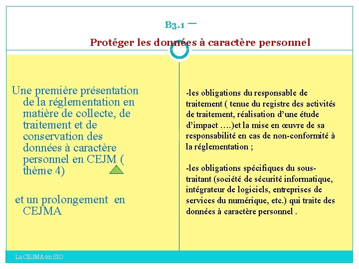 B 3. 1 – Protéger les données à caractère personnel Une première présentation de B 3. 1 – Protéger les données à caractère personnel Une première présentation de
