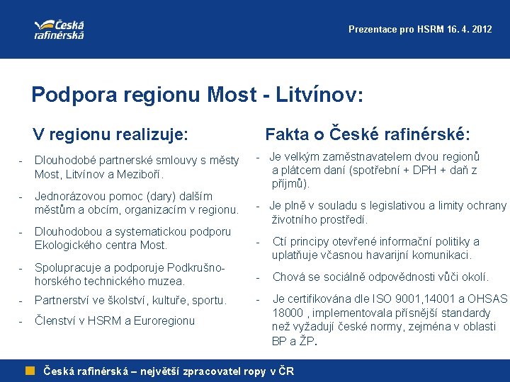 Prezentace pro HSRM 16. 4. 2012 Podpora regionu Most - Litvínov: V regionu realizuje: