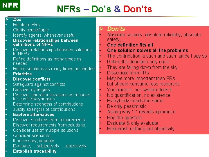 NFR Ø • • • • • • NFRs – Do’s & Don’ts Dos