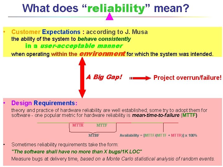 What does “reliability” mean? • Customer Expectations : according to J. Musa the ability