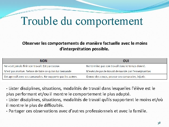 Trouble du comportement Observer les comportements de manière factuelle avec le moins d'interprétation possible.