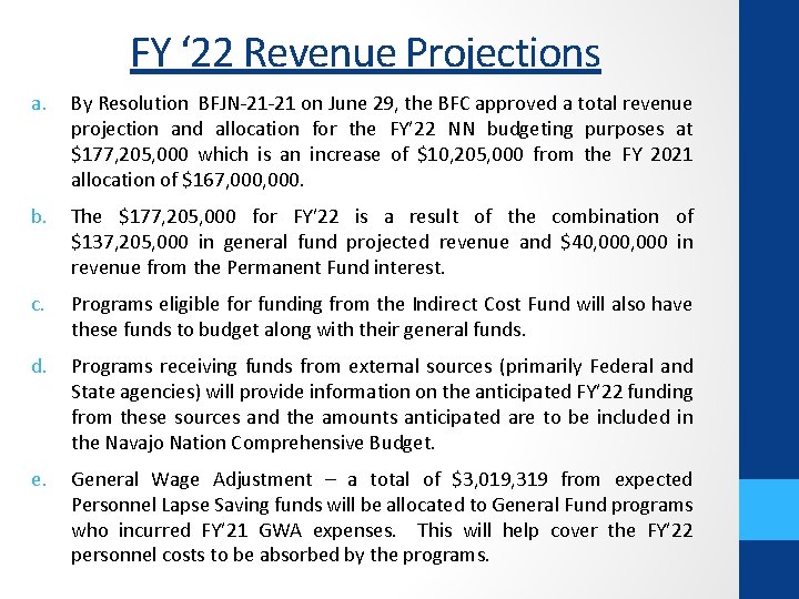 FY ‘ 22 Revenue Projections a. By Resolution BFJN-21 -21 on June 29, the