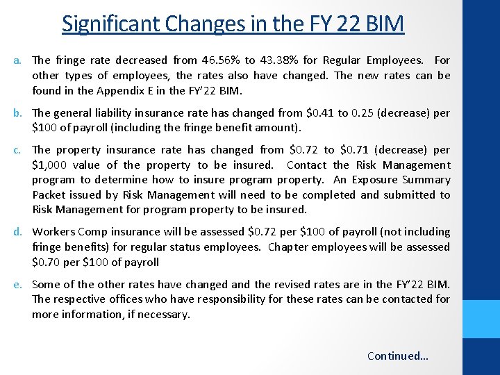 Significant Changes in the FY 22 BIM a. The fringe rate decreased from 46.