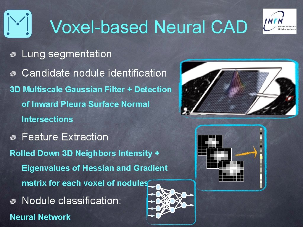 Voxel-based Neural CAD Lung segmentation Candidate nodule identification 3 D Multiscale Gaussian Filter +
