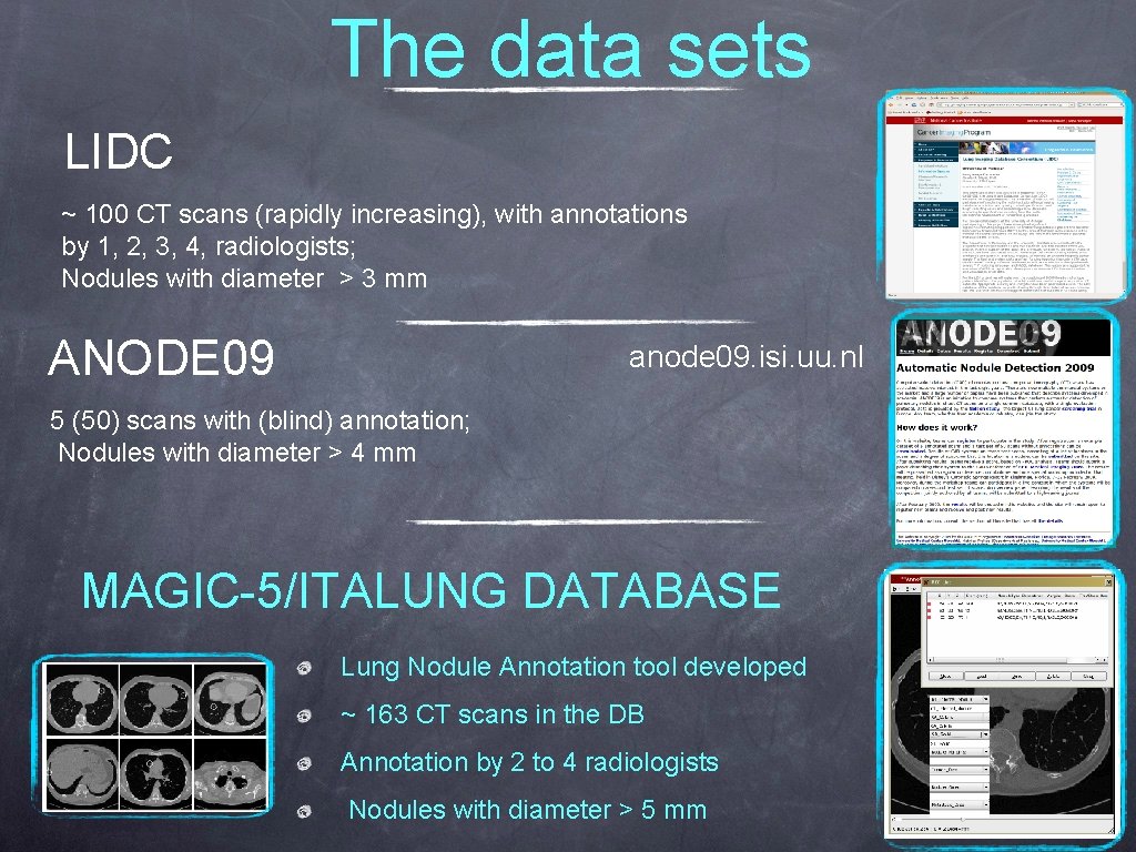 The data sets LIDC ~ 100 CT scans (rapidly increasing), with annotations by 1,