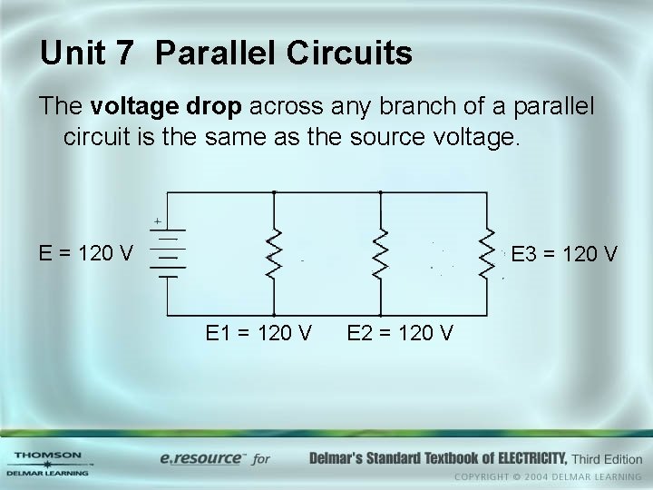 Unit 7 Parallel Circuits The voltage drop across any branch of a parallel circuit