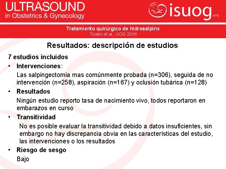 Tratamiento quirúrgico de hidrosalpinx Tsiami et al. , UOG 2016 Resultados: descripción de estudios