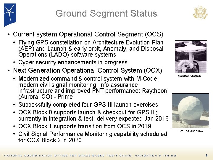 Ground Segment Status • Current system Operational Control Segment (OCS) • Flying GPS constellation