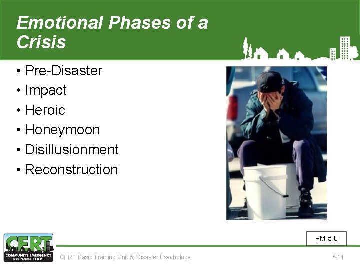Emotional Phases of a Crisis • Pre-Disaster • Impact • Heroic • Honeymoon •