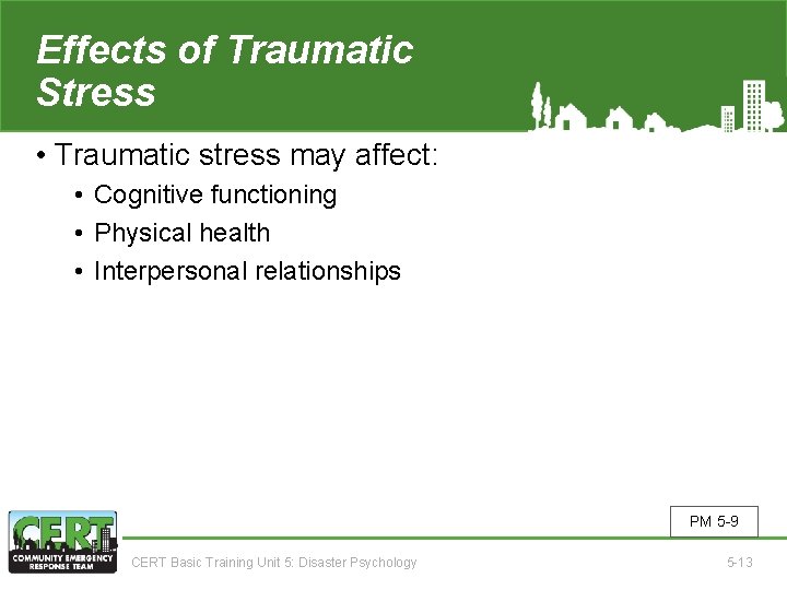Effects of Traumatic Stress • Traumatic stress may affect: • Cognitive functioning • Physical