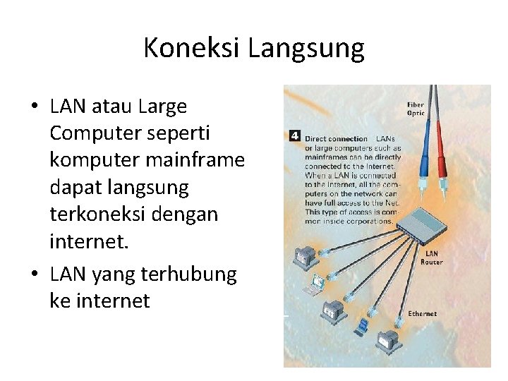 Koneksi Langsung • LAN atau Large Computer seperti komputer mainframe dapat langsung terkoneksi dengan