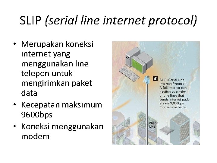 SLIP (serial line internet protocol) • Merupakan koneksi internet yang menggunakan line telepon untuk