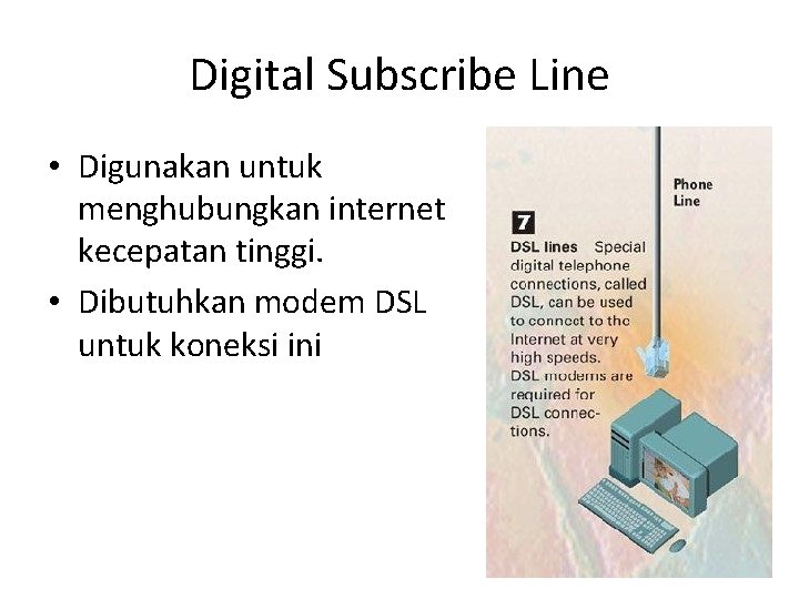 Digital Subscribe Line • Digunakan untuk menghubungkan internet kecepatan tinggi. • Dibutuhkan modem DSL
