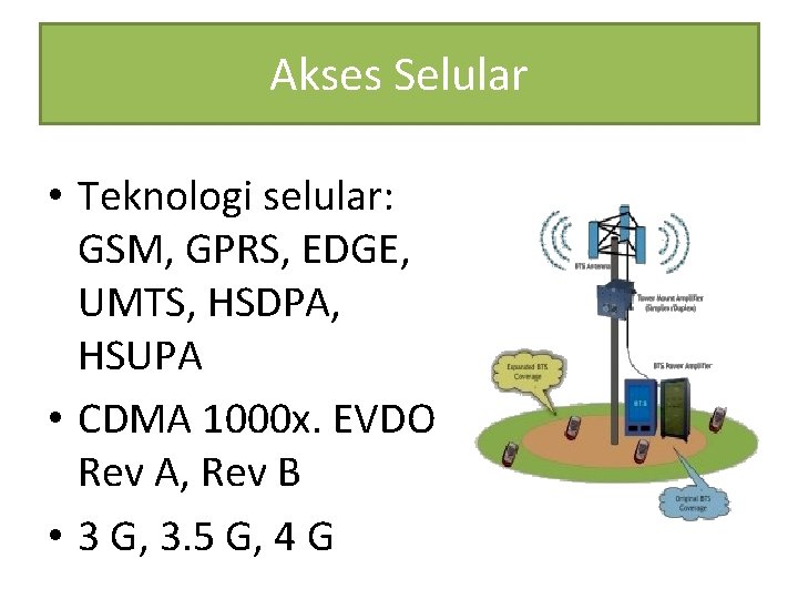 Akses Selular • Teknologi selular: GSM, GPRS, EDGE, UMTS, HSDPA, HSUPA • CDMA 1000