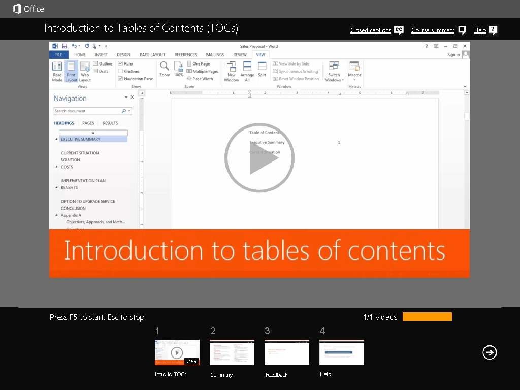 Introduction to Tables of Contents (TOCs) Closed captions Course summary There But automatic First, Introduction to Tables of Contents (TOCs) Closed captions Course summary There But automatic First,