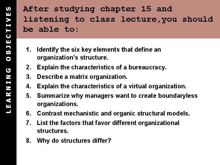 OBJECTIVES LEARNING After studying chapter 15 and listening to class lecture, you should be