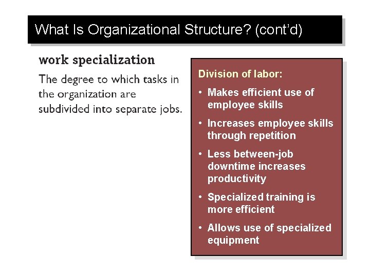 What Is Organizational Structure? (cont’d) Division of labor: • Makes efficient use of employee
