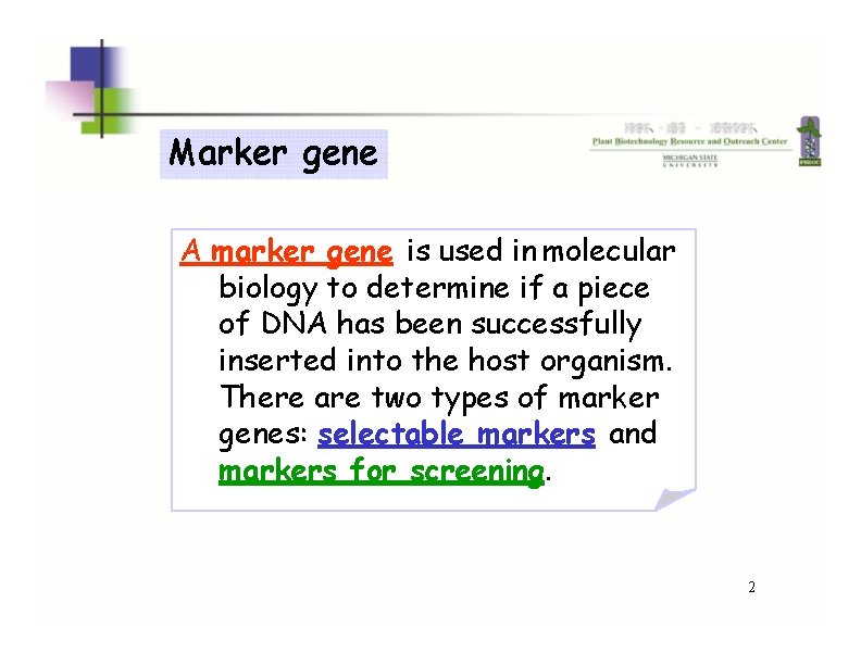 Marker gene A marker gene is used in molecular biology to determine if a