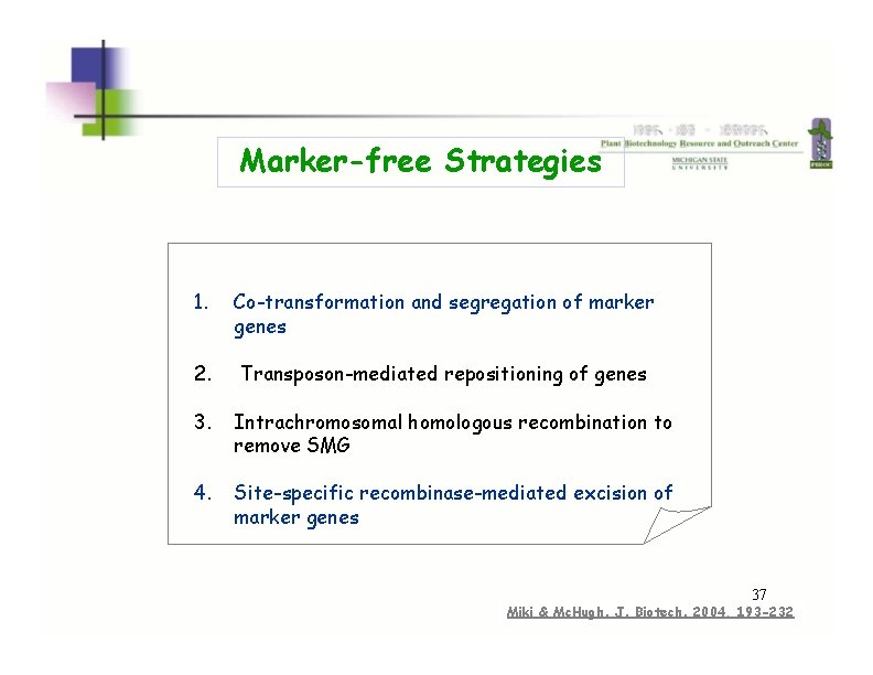 Marker-free Strategies 1. Co-transformation and segregation of marker genes 2. Transposon-mediated repositioning of genes Marker-free Strategies 1. Co-transformation and segregation of marker genes 2. Transposon-mediated repositioning of genes