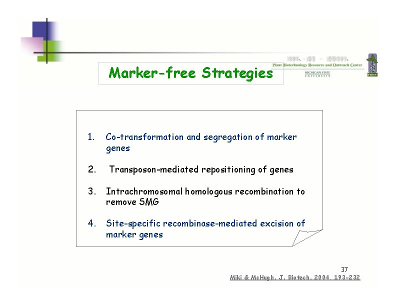 Marker-free Strategies 1. Co-transformation and segregation of marker genes 2. Transposon-mediated repositioning of genes