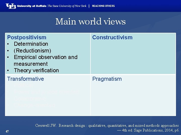 Main world views Postpositivism • Determination • (Reductionism) • Empirical observation and measurement •