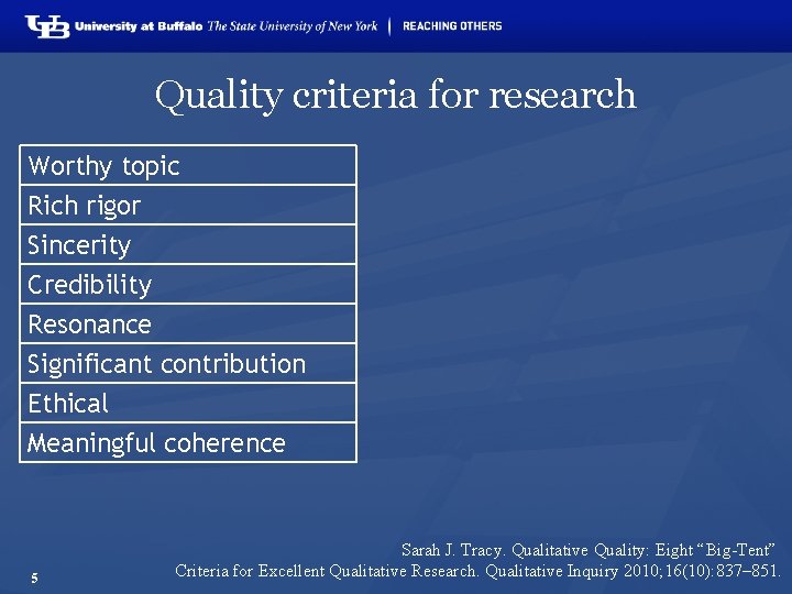 Quality criteria for research Worthy topic Rich rigor Sincerity Credibility Resonance Significant contribution Ethical
