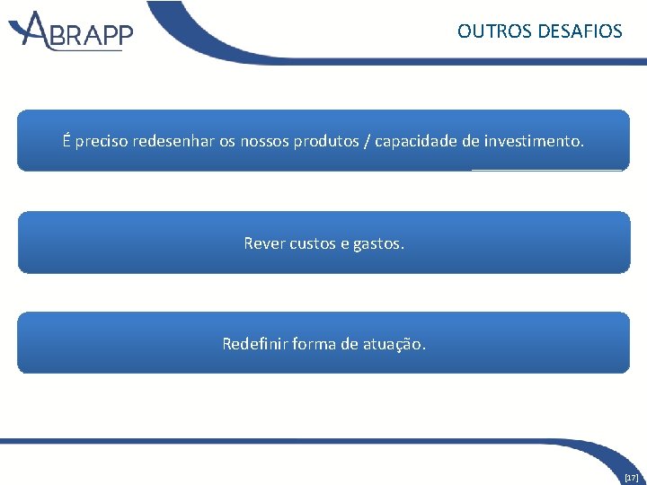 OUTROS DESAFIOS É preciso redesenhar os nossos produtos / capacidade de investimento. Rever custos