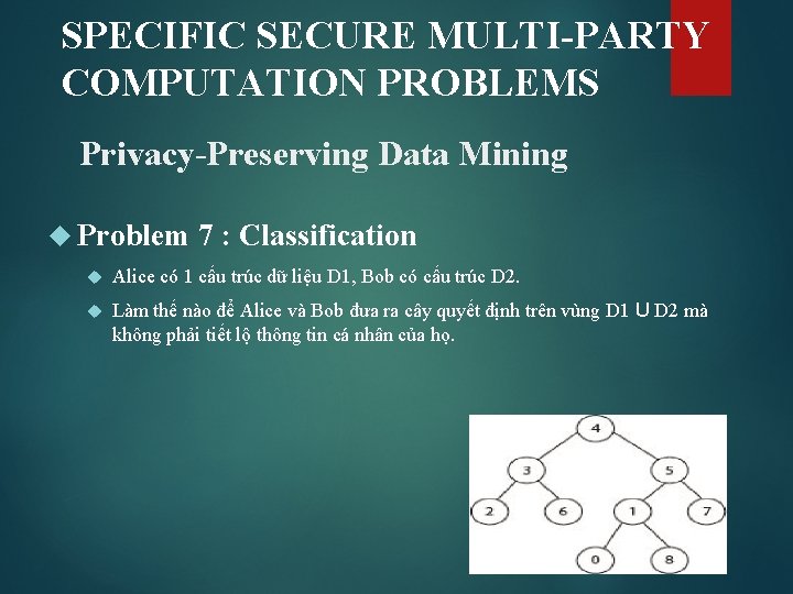 SPECIFIC SECURE MULTI-PARTY COMPUTATION PROBLEMS Privacy-Preserving Data Mining Problem 7 : Classification Alice có