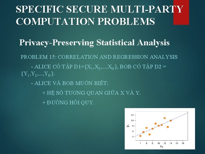 SPECIFIC SECURE MULTI-PARTY COMPUTATION PROBLEMS Privacy-Preserving Statistical Analysis PROBLEM 15: CORRELATION AND REGRESSION ANALYSIS