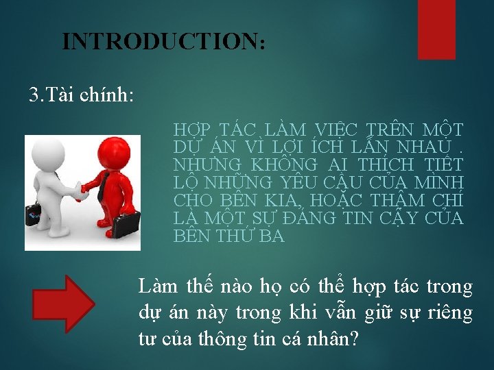 INTRODUCTION: 3. Tài chính: HỢP TÁC LÀM VIỆC TRÊN MỘT DỰ ÁN VÌ LỢI