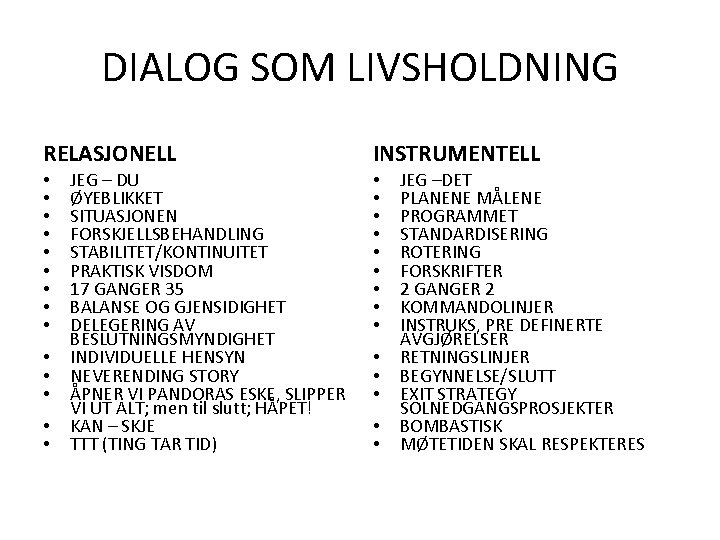 DIALOG SOM LIVSHOLDNING RELASJONELL INSTRUMENTELL • • • • • • JEG – DU