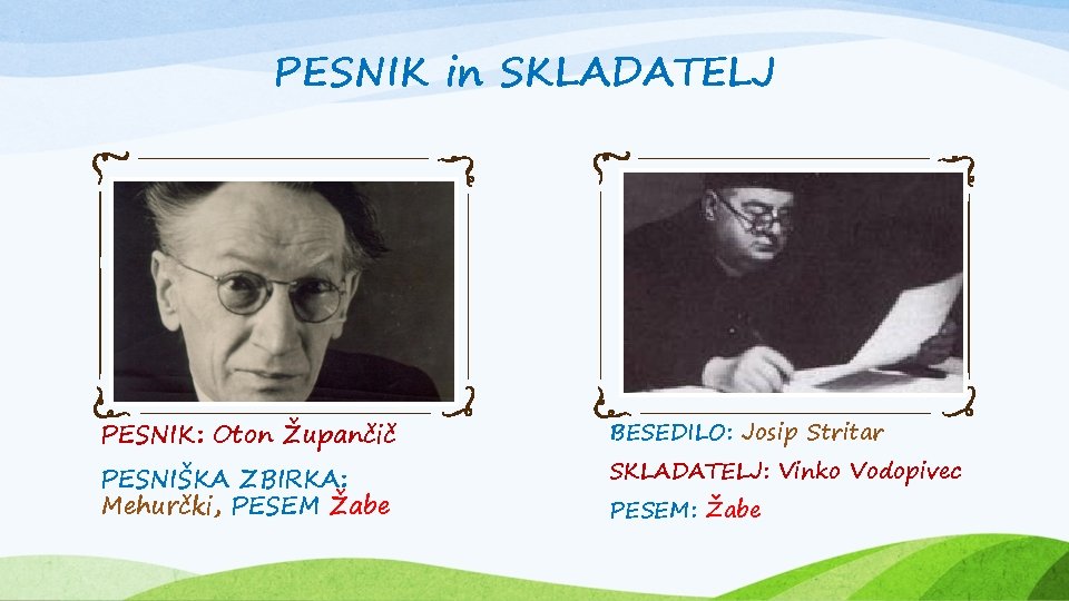 PESNIK in SKLADATELJ PESNIK: Oton Župančič BESEDILO: Josip Stritar PESNIŠKA ZBIRKA: Mehurčki, PESEM Žabe