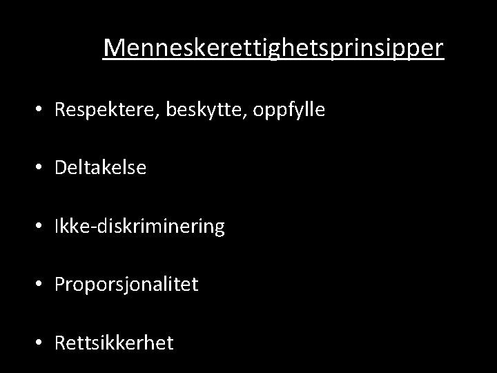 Menneskerettighetsprinsipper • Respektere, beskytte, oppfylle • Deltakelse • Ikke-diskriminering • Proporsjonalitet • Rettsikkerhet 