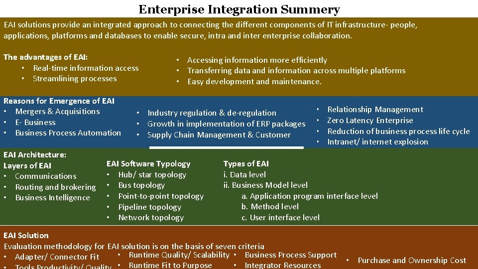 Enterprise Integration Summery E EAI solutions provide an integrated approach to connecting the different