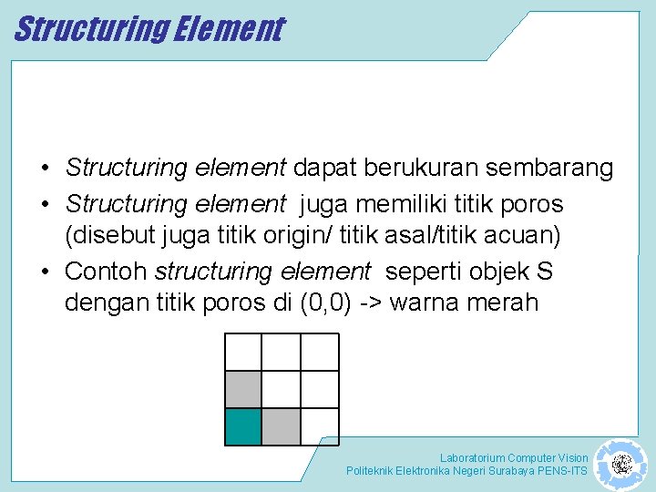 Structuring Element • Structuring element dapat berukuran sembarang • Structuring element juga memiliki titik Structuring Element • Structuring element dapat berukuran sembarang • Structuring element juga memiliki titik