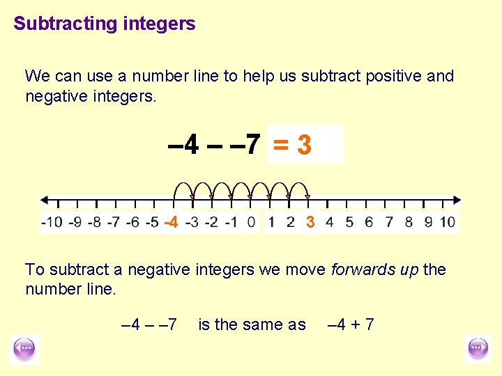 Subtracting integers We can use a number line to help us subtract positive and