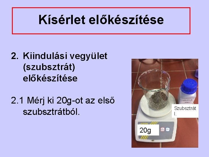 Kísérlet előkészítése 2. Kiindulási vegyület (szubsztrát) előkészítése 2. 1 Mérj ki 20 g-ot az