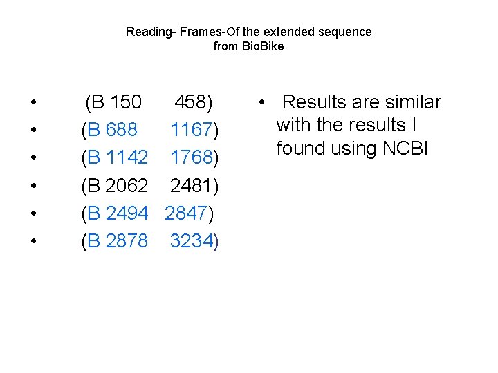 Reading- Frames-Of the extended sequence from Bio. Bike • • • (B 150 458)