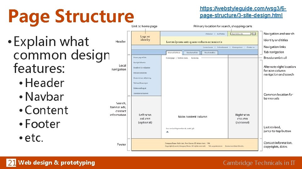 Page Structure https: //webstyleguide. com/wsg 3/6 page-structure/3 -site-design. html • Explain what common design