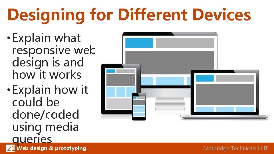 Designing for Different Devices • Explain what responsive web design is and how it