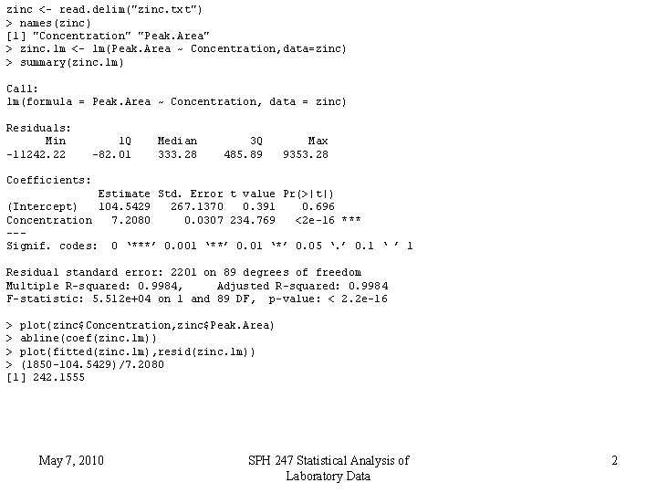 zinc <- read. delim("zinc. txt") > names(zinc) [1] "Concentration" "Peak. Area" > zinc. lm