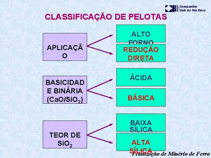 Companhia Vale do Rio Doce CLASSIFICAÇÃO DE PELOTAS APLICAÇÃ O BASICIDAD E BINÁRIA (Ca.
