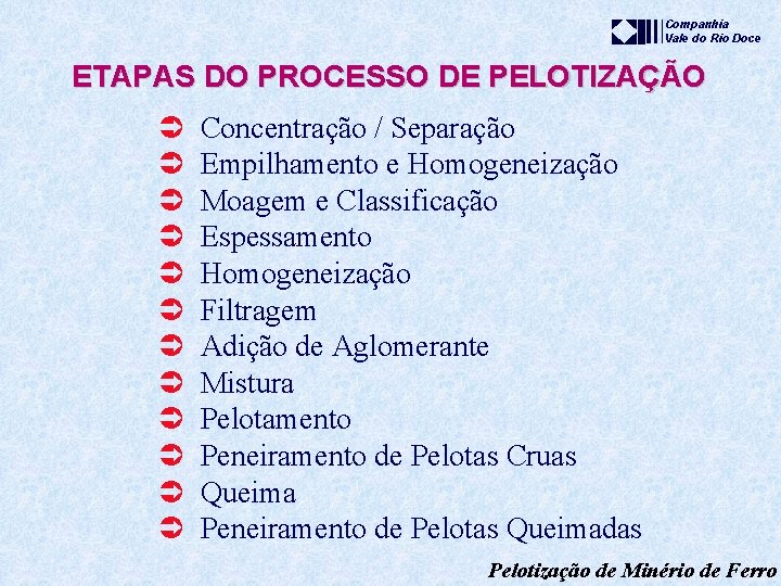 Companhia Vale do Rio Doce ETAPAS DO PROCESSO DE PELOTIZAÇÃO Ü Ü Ü Concentração