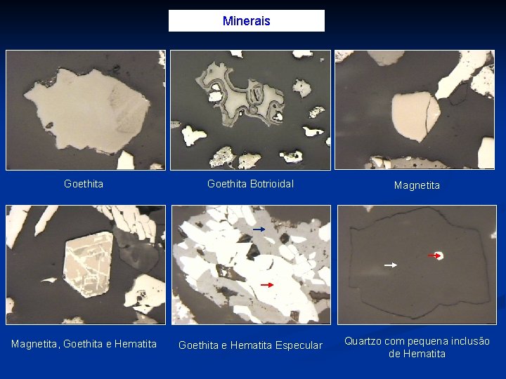 Minerais Goethita Botrioidal Magnetita, Goethita e Hematita Especular Quartzo com pequena inclusão de Hematita